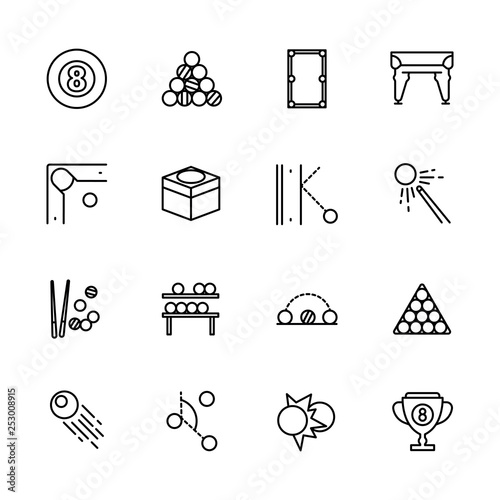 Simple icon set billiard game. Contains such symbols billiard balls, pool stick, cue, pocket, pyramid, cup, championship, pool tournament.