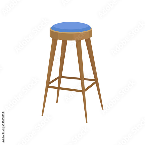 Wooden bar stool with soft bright blue seat. Chair with long legs. Furniture for cafe and restaurant. Flat vector icon