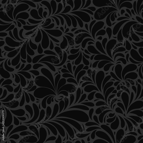 Black Paisley or Damask Black Floral Seamless Pattern, Vector Ornament. hand drawn seamless pattern. Damask silhouette texture. Floral teardrop motif. Vintage ornate background. Textile, wallpaper