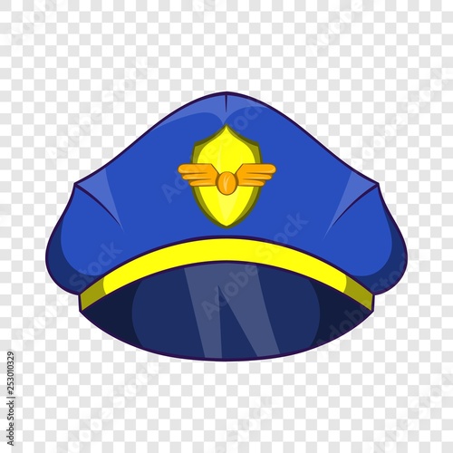 Blue pilot cap with badge icon in cartoon style on a background for any web design 