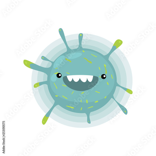 Green round toothy viruses or bacteria emoticon character of infection or illness in microbiology against white photo