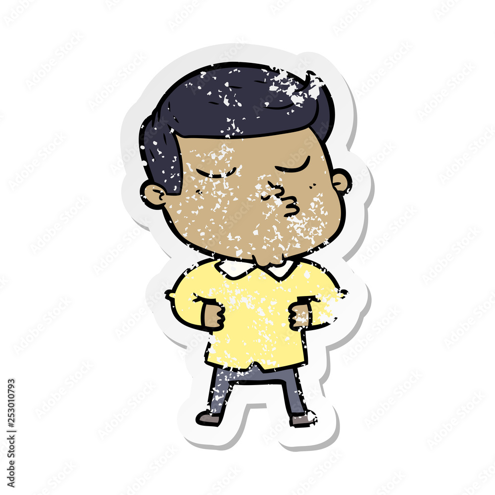 distressed sticker of a cartoon model guy pouting distressed sticker of a cartoon model guy pouting