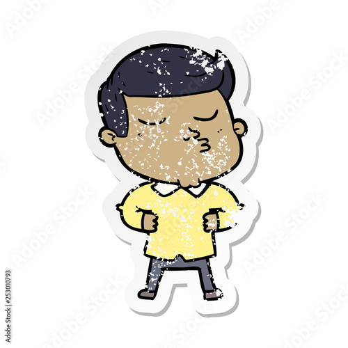 distressed sticker of a cartoon model guy pouting