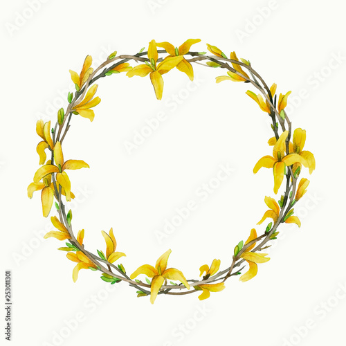 Spring wreath of forsythia branches.
