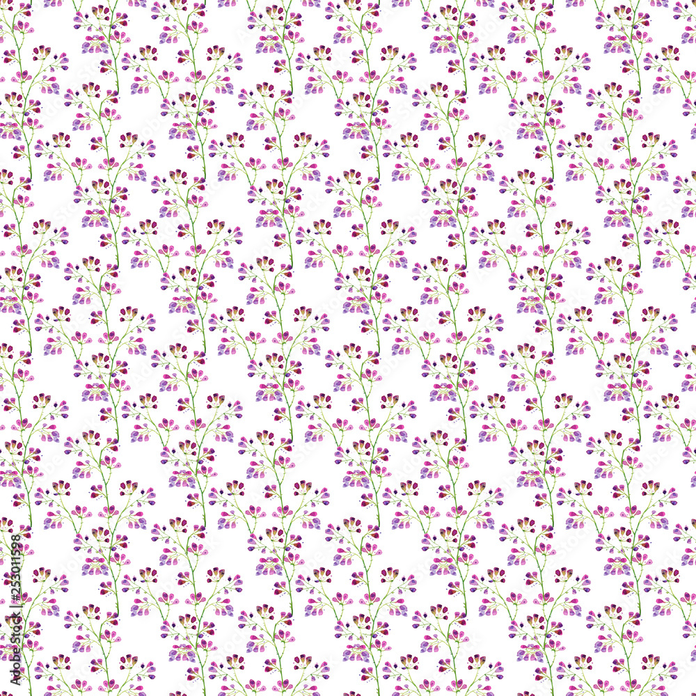 seamless watercolor pattern, purple berries on the branches on a white background