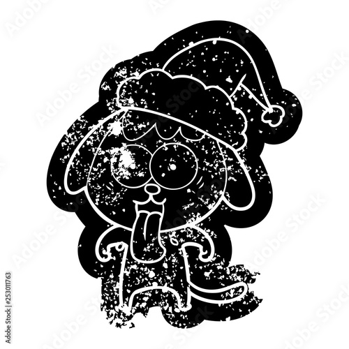 cute cartoon distressed icon of a dog wearing santa hat
