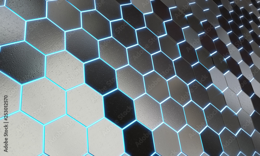 Glowing black and blue hexagons background pattern on silver metal surface 3D rendering Glowing black and blue hexagons background pattern on silver metal surface 3D rendering