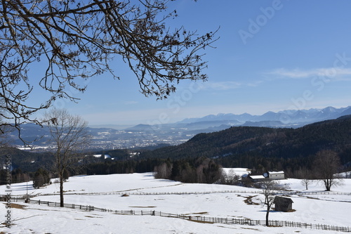 Kärnten, Villach, Stadt, Panorama, Skyline, Stadt, Dobratsch, Wegkreuz, Holzkreuz, Baum, Wald, Winter, Schnee, Wiese, Weide, verschneit, kahl, Ast, Äste, Villacher Alpe, Heiligengeist, Karnische Alpen photo