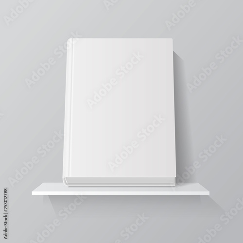 White empty book on shelf. Front standing book cover on bookshelf mockup