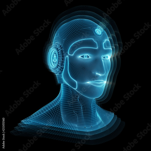 Wireframed robotic man head representing artificial intelligence 3D rendering
