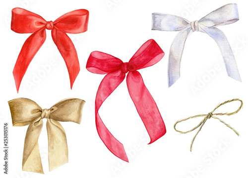 Set of watercolor illustrations of bows