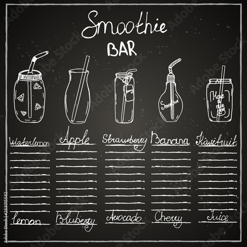 Chalk board, bar menu, cafe, smoothies, drinks, juices, recipe, ingredients, dishes, jars, mugs, tubes, fruits.