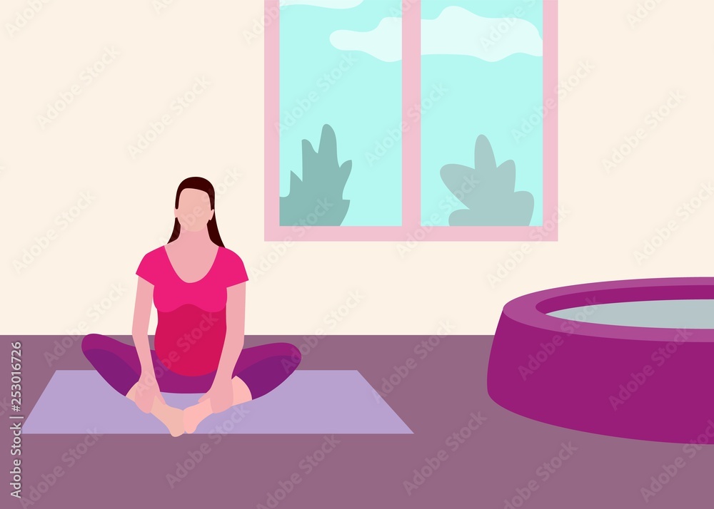 Pregnant woman exercise yoga banner in a modern cartoon style. Pregnant woman exercise yoga banner in a modern cartoon style.
