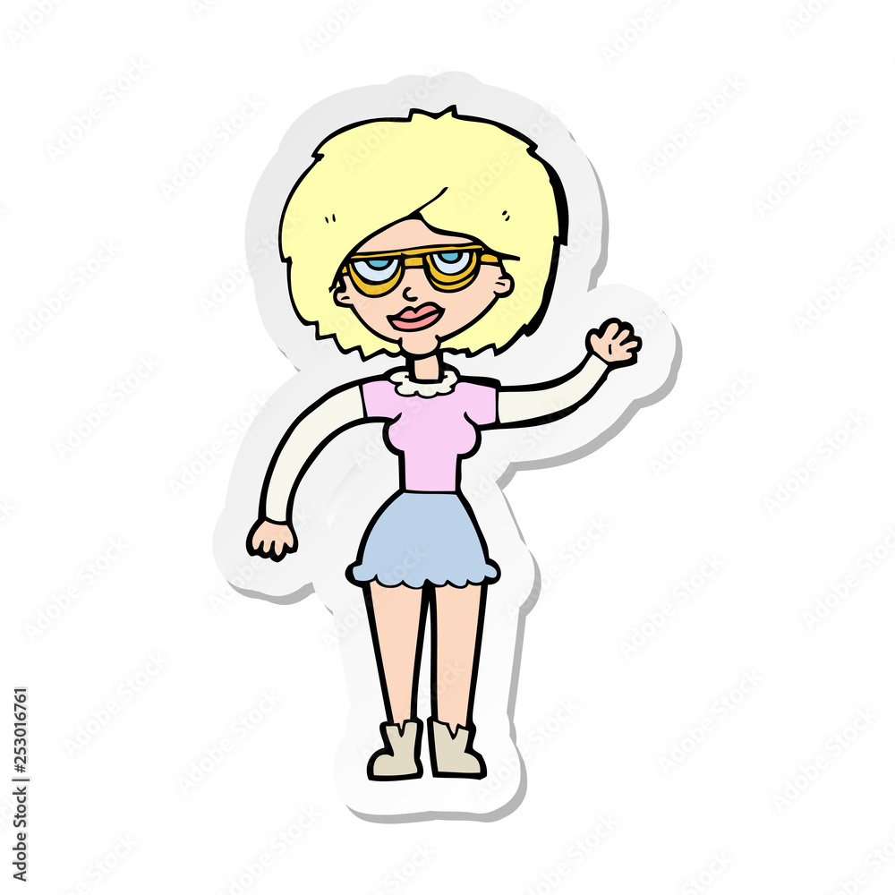 sticker of a cartoon waving woman wearing spectacles sticker of a cartoon waving woman wearing spectacles