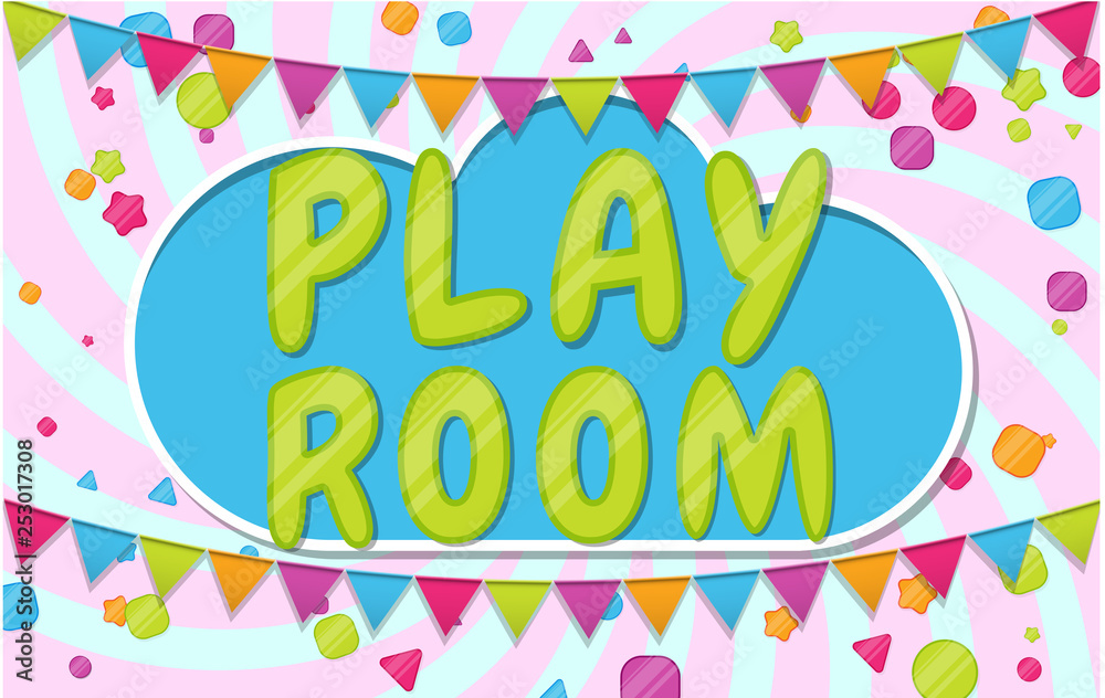 Play room. Color poster for kids zone in cartoon style. Place for fun and play.