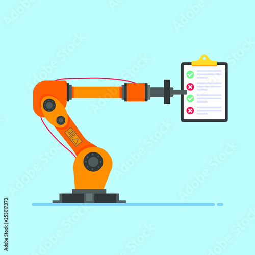 Robot arm holds clipboard with text and check marks flat style design vector illustration isolated on light blue background. Robot arm or hand. Industrial robot manipulator. Modern smart industry 4.0 