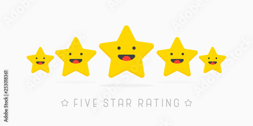 Five golden rating star wiyh cute smile face. Vector illustration in white background