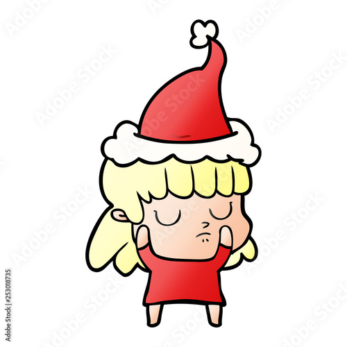 gradient cartoon of a indifferent woman wearing santa hat