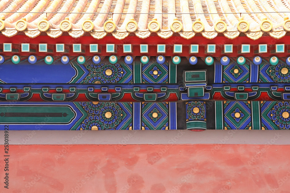 Ancient painted pattern on wall and roof in Beijing, China