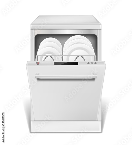 Realistic dishwasher machine with open door. White dishwasher with clean plates and glasses, front view isolated. household appliance mockup for washing dishes. 3d vector illustration