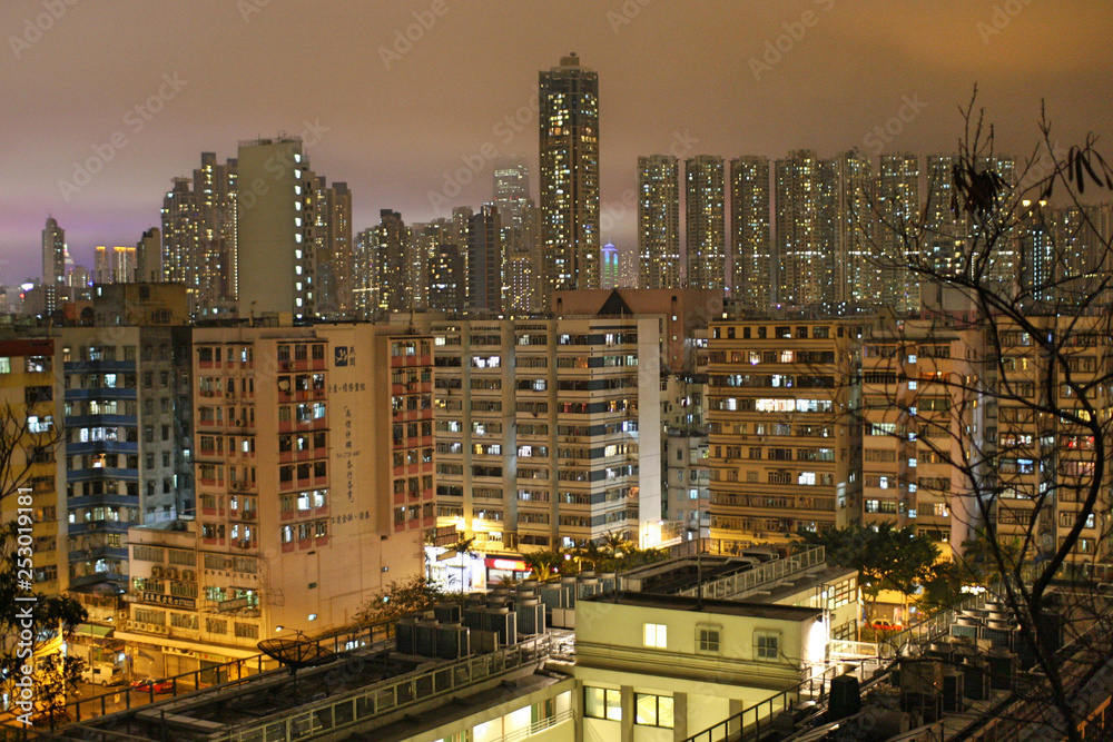 Cityscape of Sham Shui Po skyline in Kowloon, Hong Kong with brightly lit skyscraper buildings, light pollution in sky and silhouetted tree in foreground Cityscape of Sham Shui Po skyline in Kowloon, Hong Kong with brightly lit skyscraper buildings, light pollution in sky and silhouetted tree in foreground