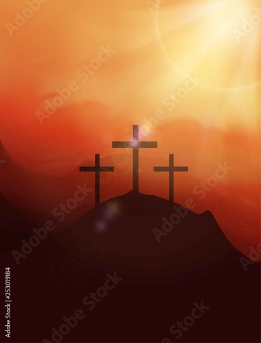 Calvary hill with silhouettes of the cross. Easter illustration. Jesus Christ is risen.Christian banner