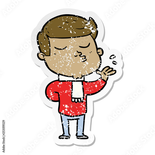 distressed sticker of a cartoon model guy pouting