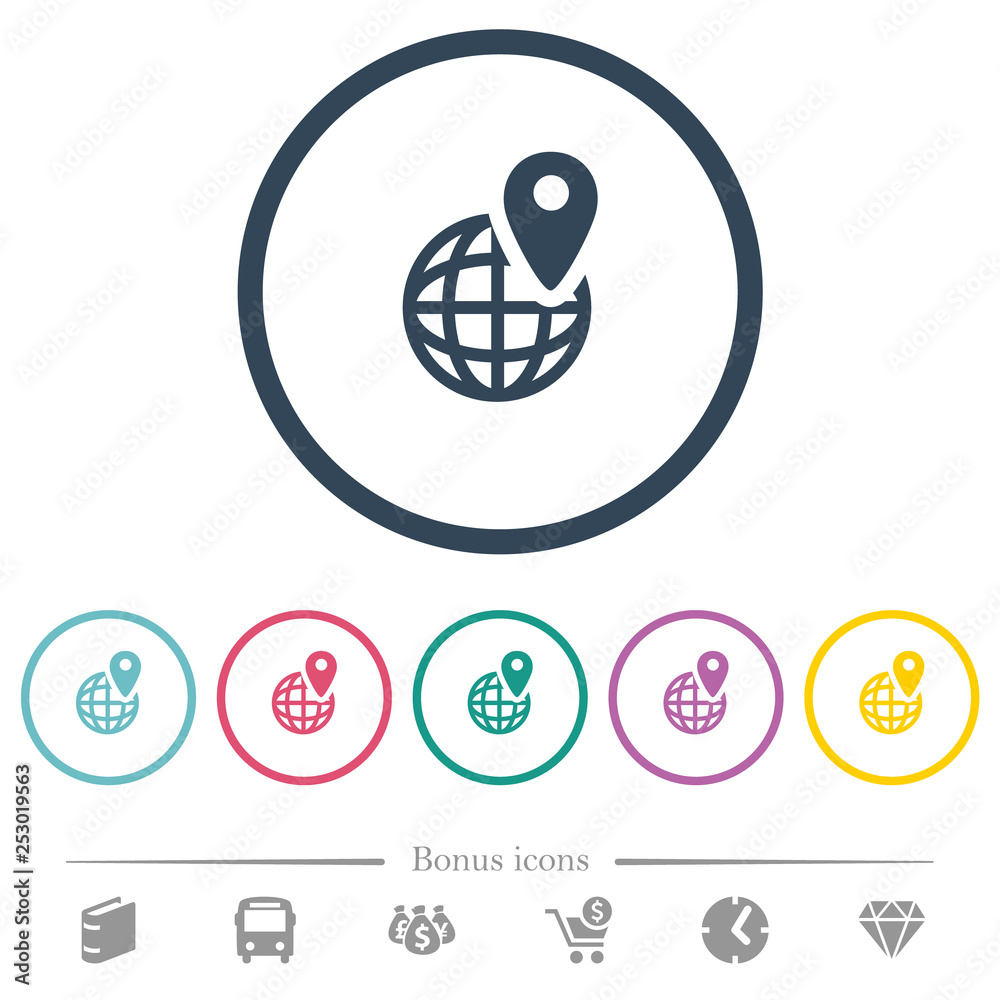 GPS location with globe symbol flat color icons in round outlines GPS location with globe symbol flat color icons in round outlines