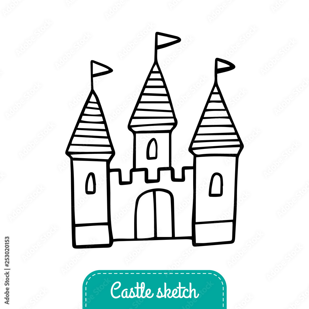 Black and white fairy tale castle for a princess. Doodle Vector Illustration. Good for a logo, sticker, indie game, greeting card, banner, invitation or flyer.