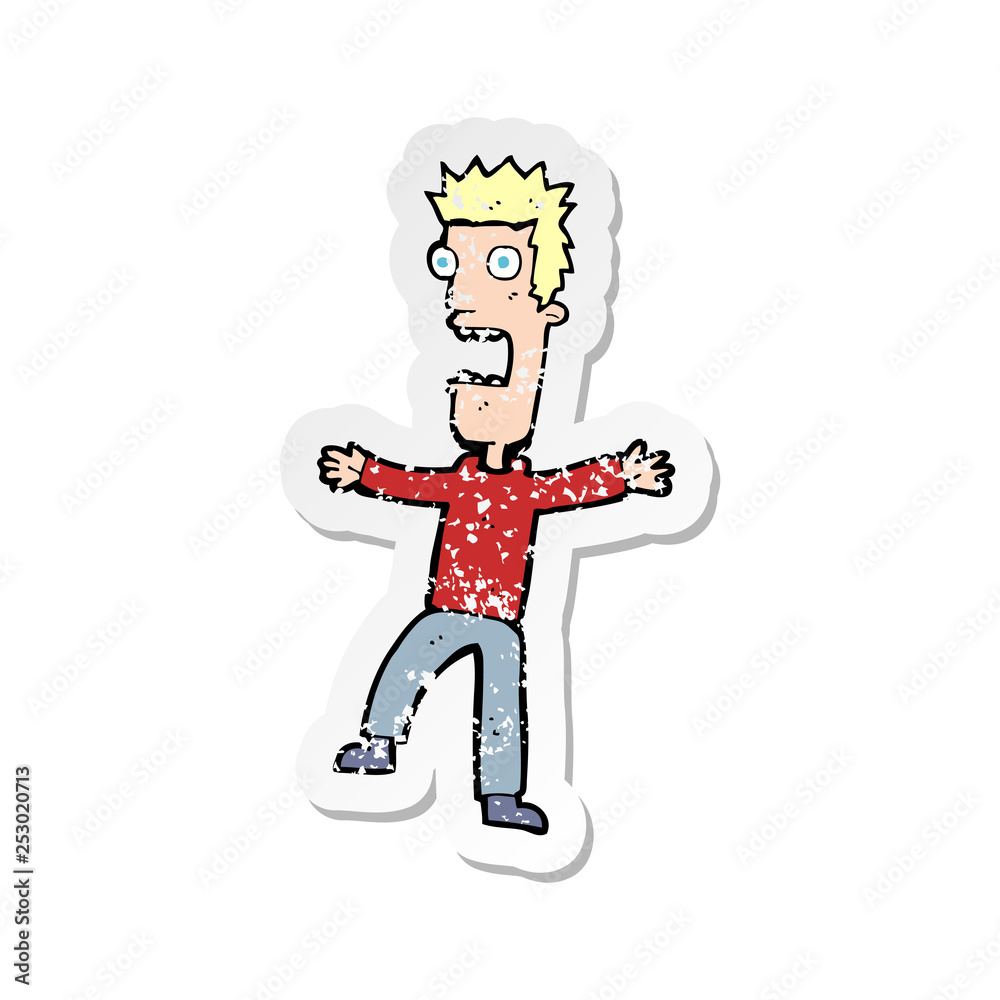 retro distressed sticker of a cartoon terrified man retro distressed sticker of a cartoon terrified man