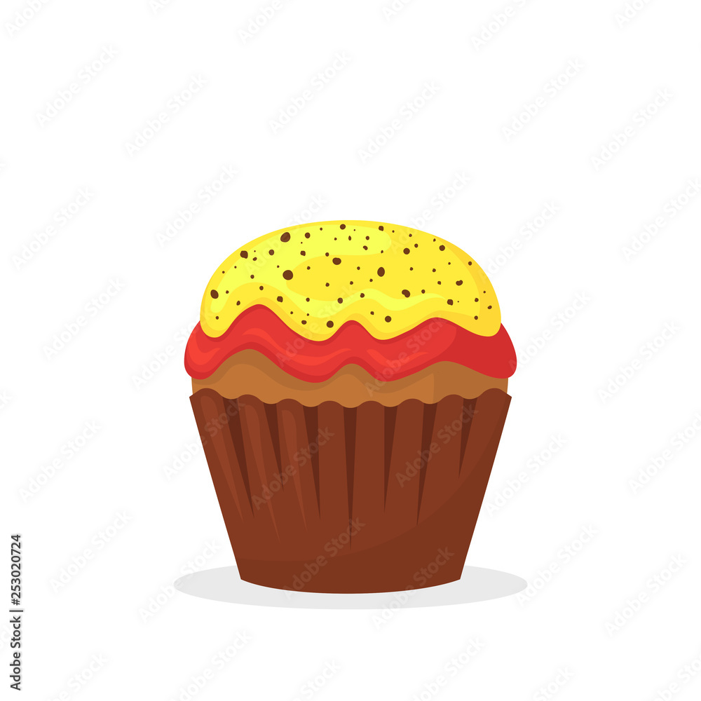 Chocolate muffin with yellow and red cream. Sweet food, cupcake with frosting flat vector icon