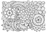 Vector black and white colorin page for colouring book. Leafs and flowers in monocrome colors. Doodles pattern
