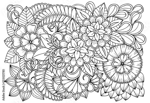 Vector black and white colorin page for colouring book. Leafs and flowers  in monocrome colors. Doodles pattern photo
