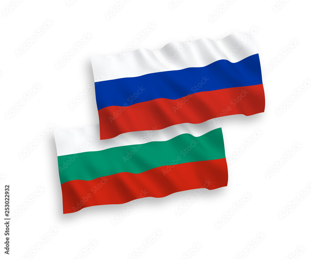 National vector fabric wave flags of Bulgaria and Russia isolated on white background. 1 to 2 proportion. National vector fabric wave flags of Bulgaria and Russia isolated on white background. 1 to 2 proportion.