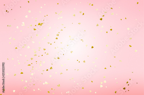 Golden shiny confetti on pink background in modern style. Sparkles shape on romantic wallpaper decor. Happy birthday invitation poster background.