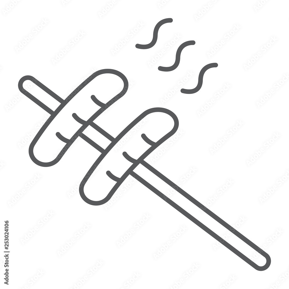 Sausage grilled thin line icon, food and bbq, meat sign, vector graphics, a linear pattern on a white background. Sausage grilled thin line icon, food and bbq, meat sign, vector graphics, a linear pattern on a white background.