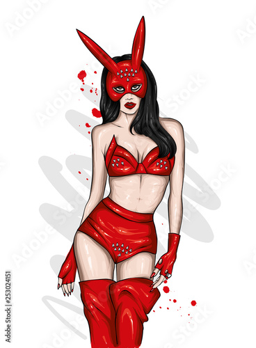 Beautiful girl in sexy underwear and a mask. Love, sex, bdsm. Vector illustration for greeting card or poster, print on clothes. 