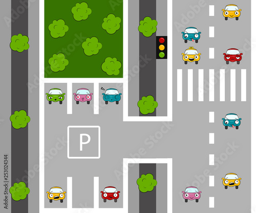 Seamless pattern with cute cars. Cartoon cars with faces, road hatches, zebra crossing and parking. Perfect for kids fabric and textile. Vector Illustration