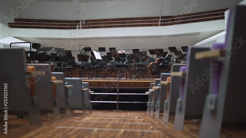 Empty orchestra seats on stage in concert hall Great Amber in Liepaja, Latvia photo