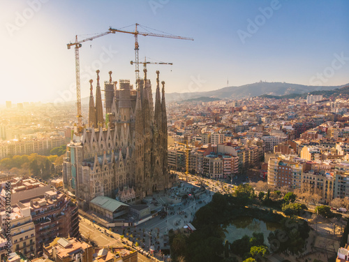 BARCELONA  SPAIN - 2019  Sagrada Familia cathedral aerial panoramic view.