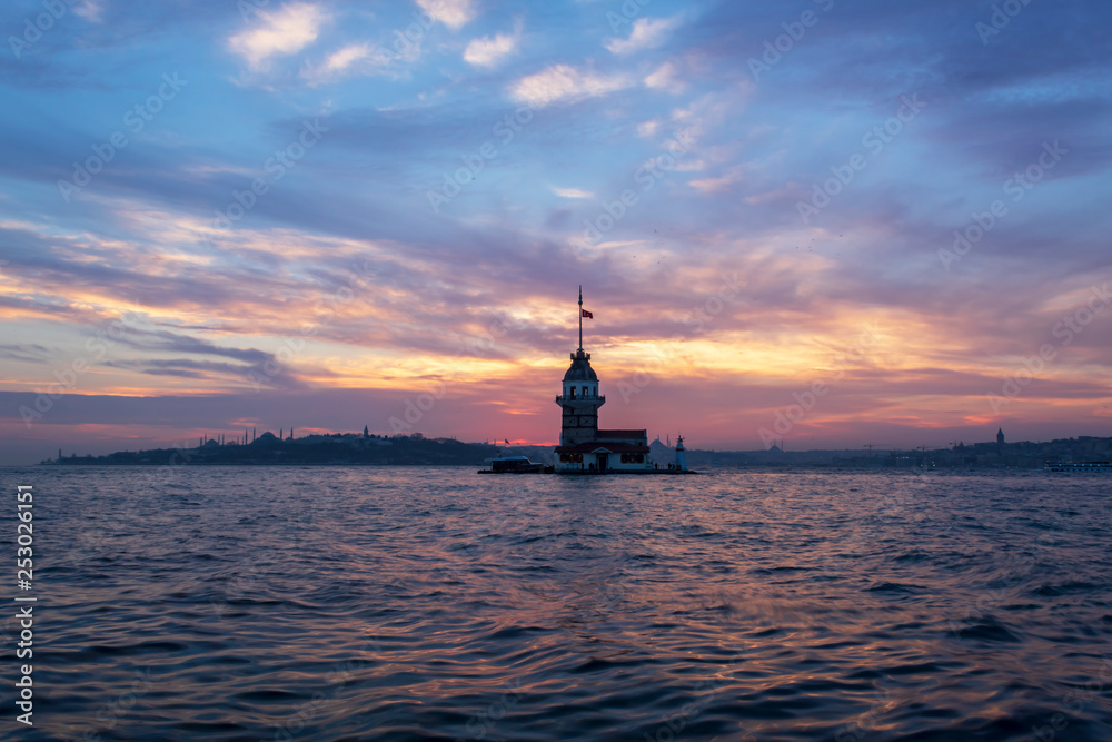 Maiden's Tower at sunset in Istanbul, Turkey.