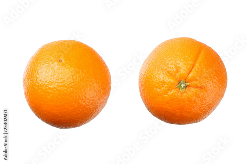 two oranges isolated on white background. healthy food. top view