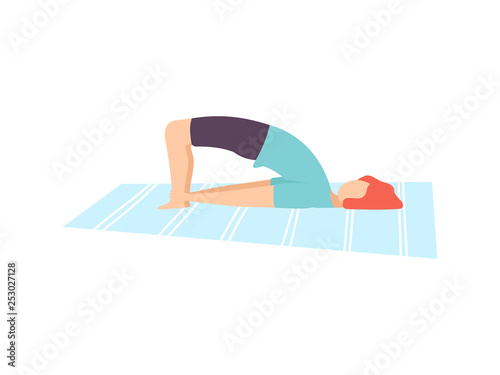 Young Man in Bridge Pose, Guy Practicing Yoga, Physical Workout Training Vector Illustration