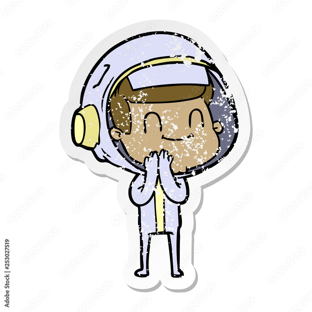 distressed sticker of a happy cartoon astronaut