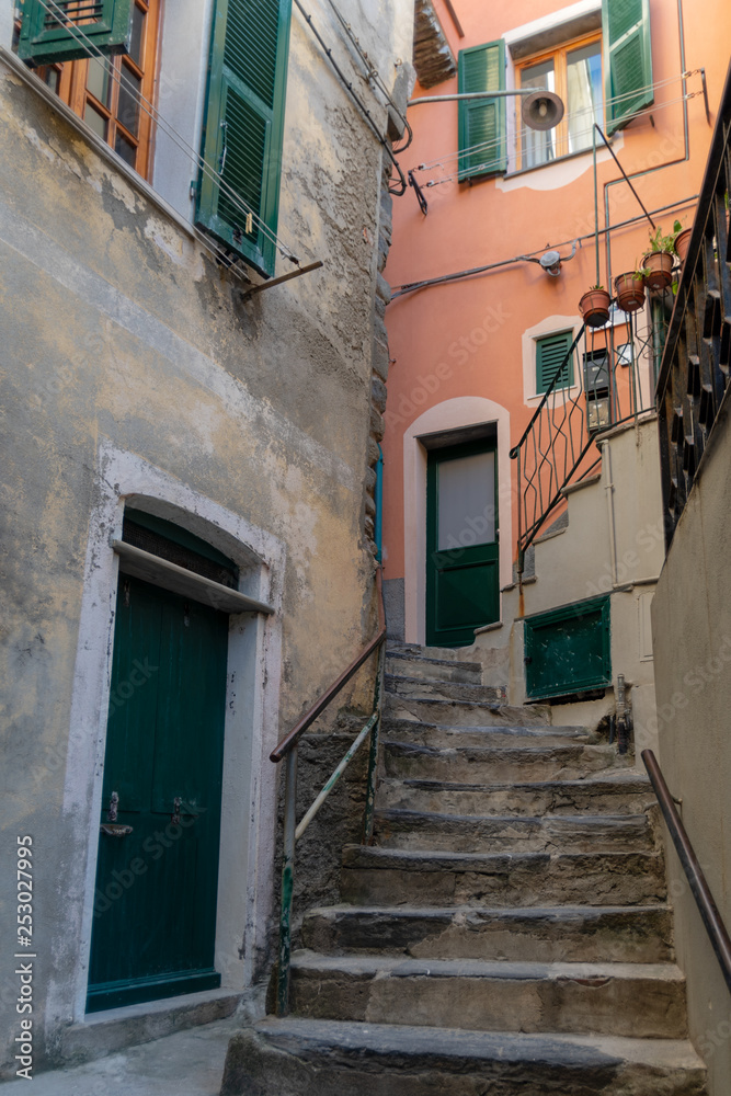 Typical Italian narrow street, Vernazza village, Cinque Terre, Italian Riviera