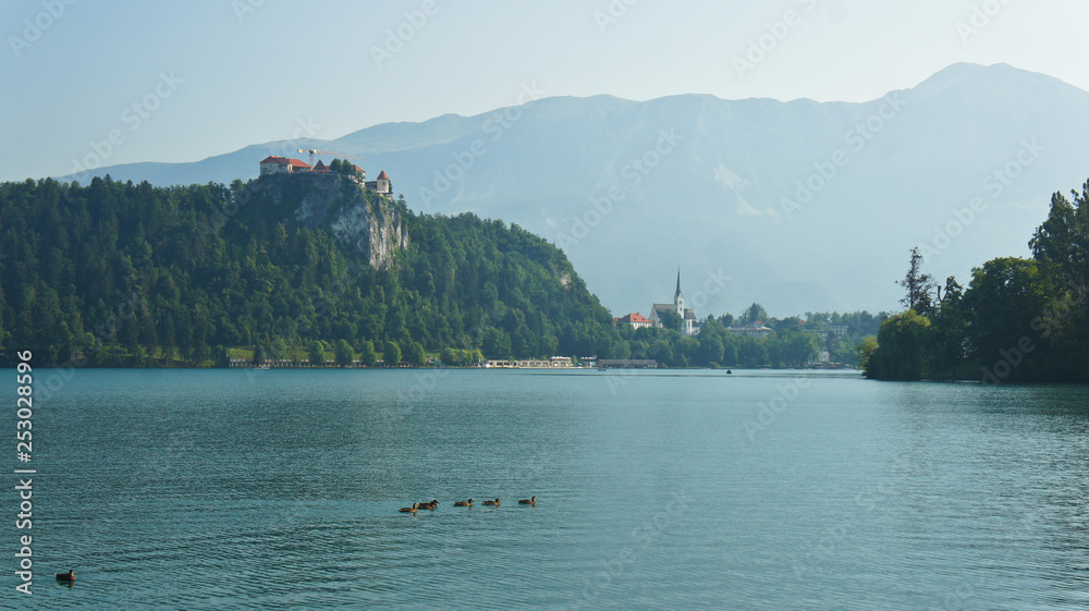 View over Lake Bled, Julian Alps and Bled castle, Bled, Slovenia