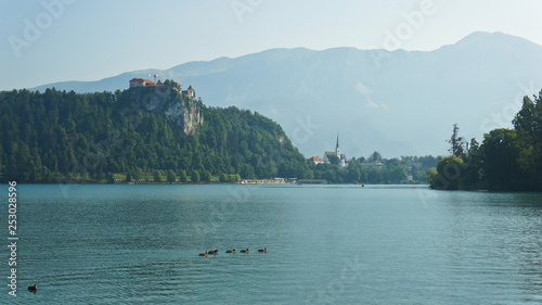 View over Lake Bled, Julian Alps and Bled castle, Bled, Slovenia
