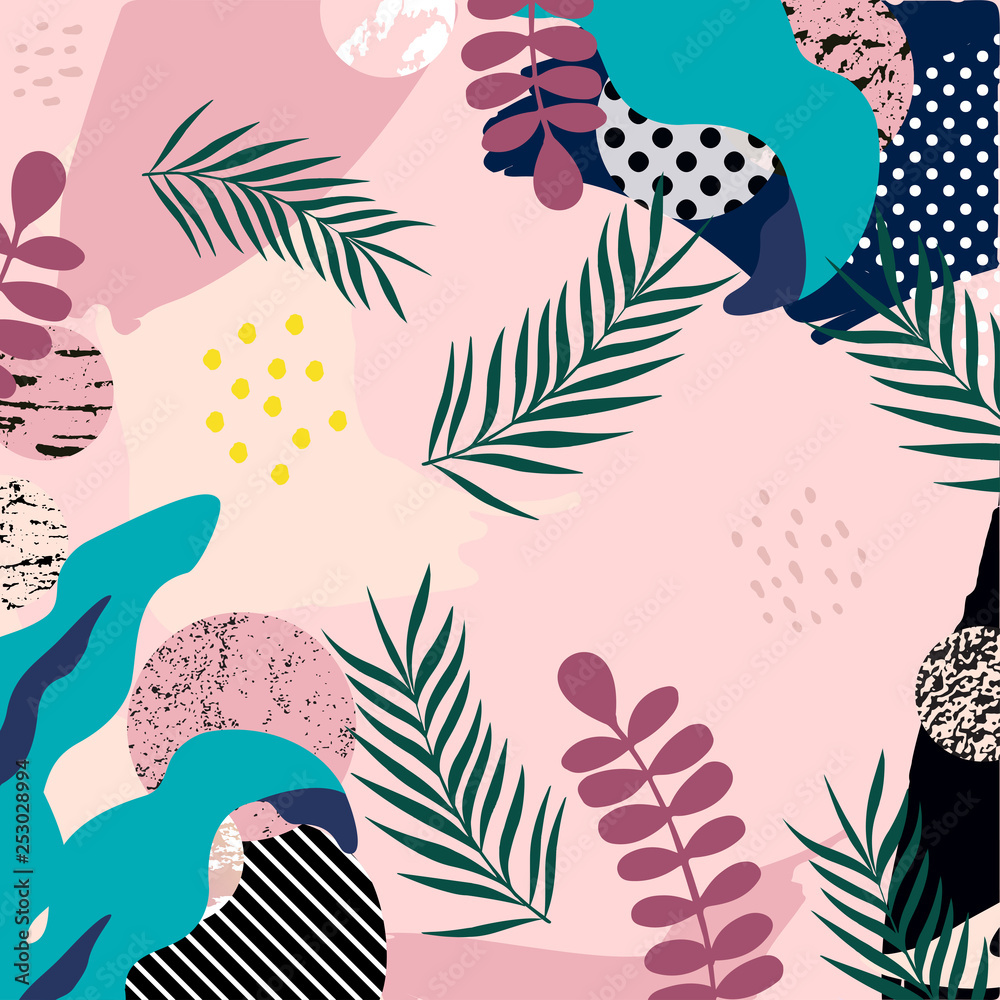 Obraz Tropikalna dżungla tło liści i kwiatów. Kolorowy plakat tropikalny. Egzotyczna grafika liści, kwiatów, roślin i gałęzi. Wzór botaniczny, tapeta, projekt ilustracji wektorowych tkaniny