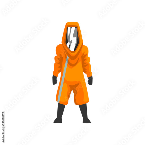 Man in Orange Protective Suit, Helmet and Mask, Chemical, Radioactive, Toxic, Hazardous Professional Safety Uniform Vector Illustration