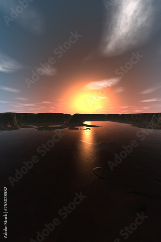 Alien Planet. Mountain and  water. 3D rendering